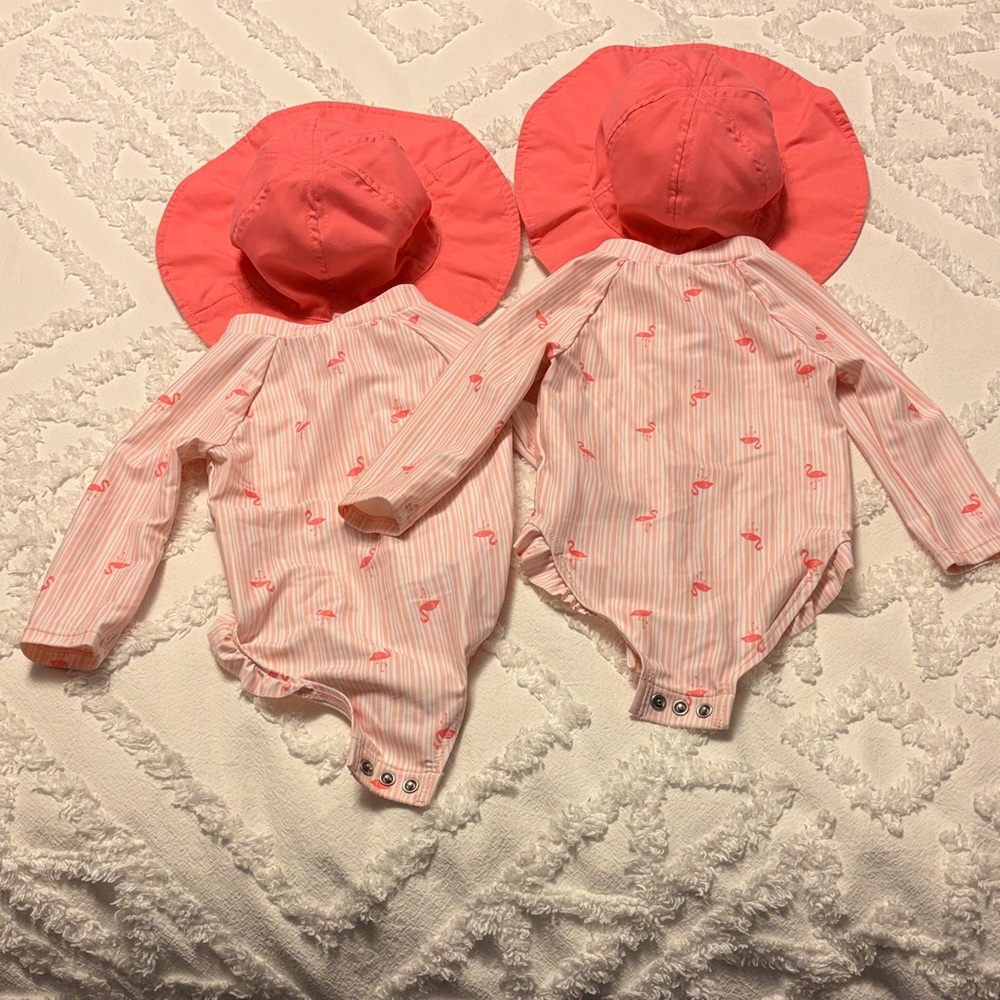 Carters Pink Flamingo swimming suit, 9 months. Twin.